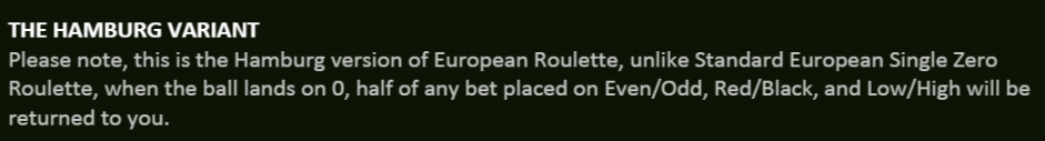 Hamburg Variant Rule - BSG European Roulette