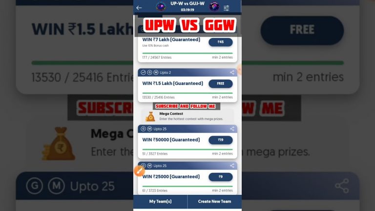 Upw vs ggw wpl t20 match l 1 lakh free giveaway on fantasy akhada l 100% bonus use #techshiva