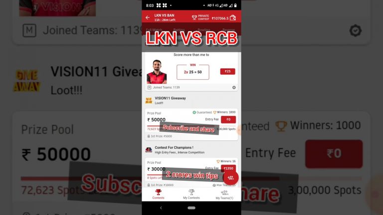 Lkn vs rcb dream 11 GL team l rcb vs lkn vision11 Team l gl winning l 2 crores win tips