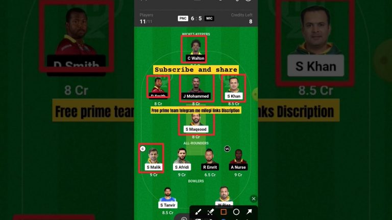 PNC vs WIC mini GL dream11 team l dream11 free prime team l 50 lakhs free giveaway l Dream11