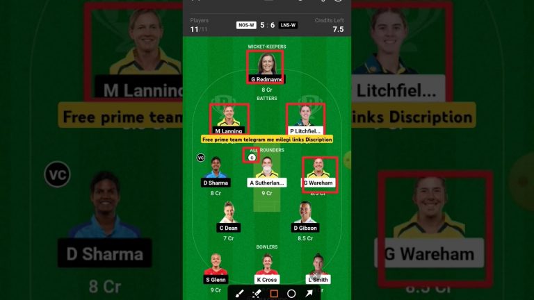 Nos-w vs lns-w mini GL Dream 11 team l Dream11 free prime team l 10 Lakhs daily free giveaway