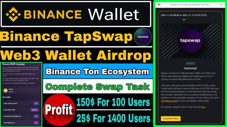 Binance TapSwap Web3 Wallet Airdrop | Binance Ton Ecosystem | Complete Task $ Win $25-$150 Profit