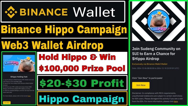 Binance Hippo Campaign Web3 Wallet Airdrop | Hold Hippo & Earn $100,000 Prize | Binance Web3 Airdrop