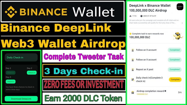 Binance X DeepLink Web3 Airdrop | Complete X Task Or 3 Days Check-in | Binance Web3 Wallet Airdrop